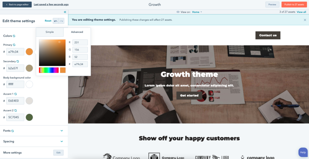 hubspot website builder theme settings